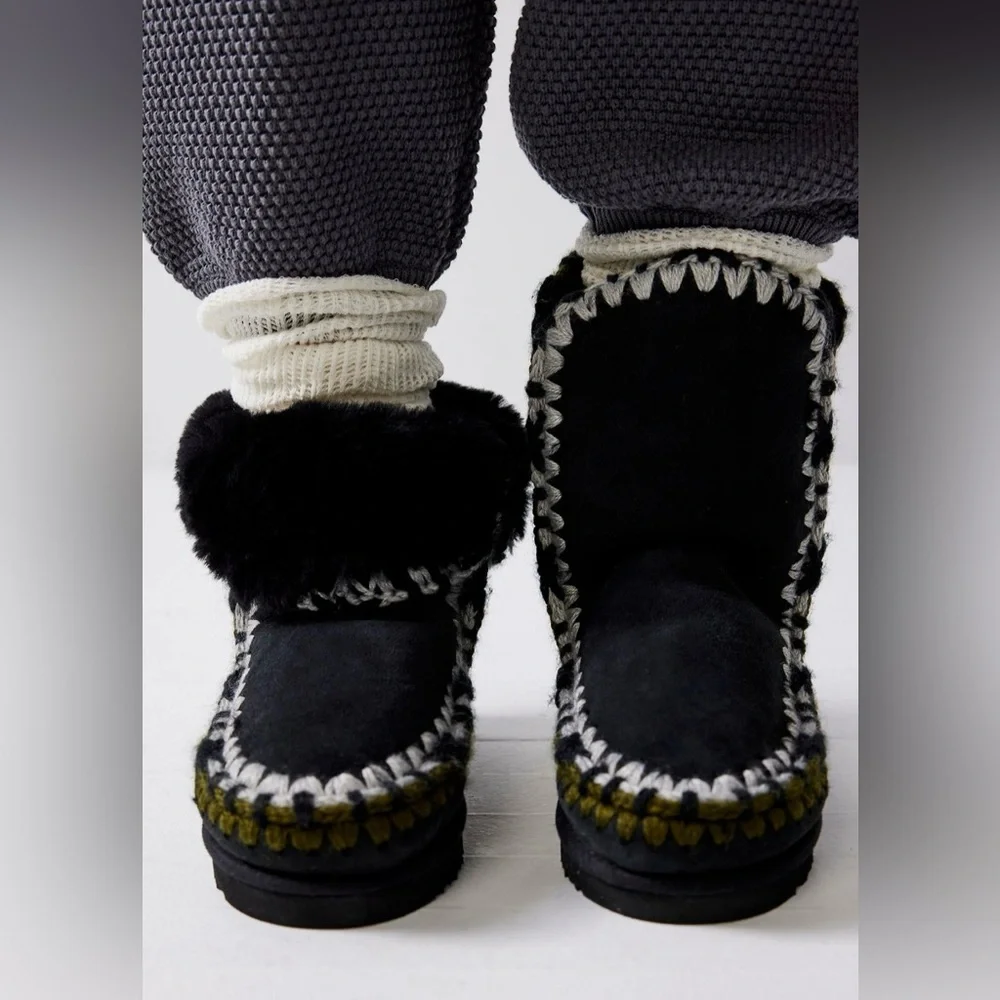 Mou Black Suede Shearling-Trim Moccasin Boots - Picture 1 of 15
